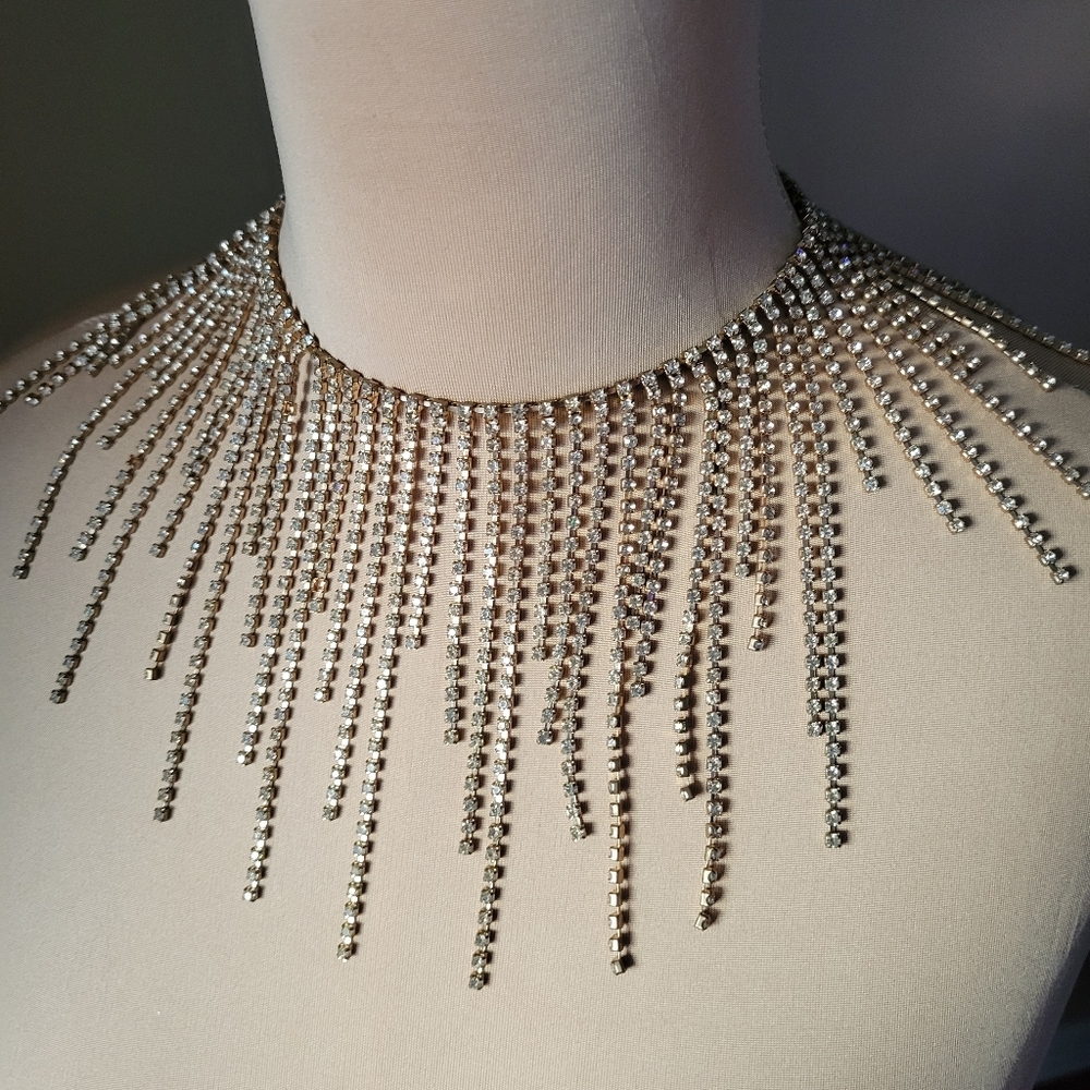Sparkly Gold & Crystal Tassel Fringe Statement Choker Necklace - Picture 3 of 10